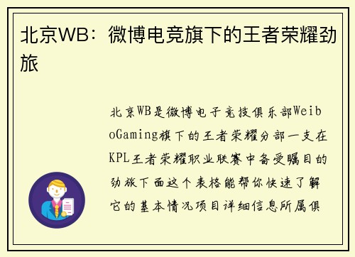北京WB：微博电竞旗下的王者荣耀劲旅